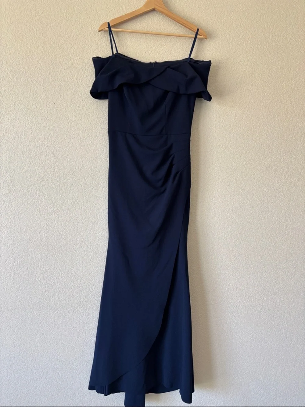 Xscape Off The Shoulder Scuba Crepe Evening Gown With Ruffled Neckline - Picture 1 of 4